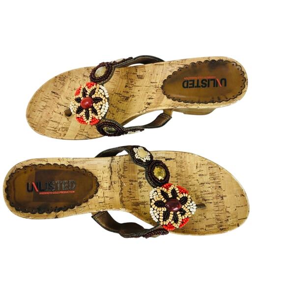 Unlisted Orange Brown Tan beaded Top with Bling cork sandals 7.5M 3 inch wedge - Picture 7 of 16